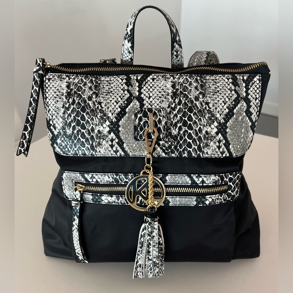 Kate Landry Black and White Snakeskin Accent Backpack